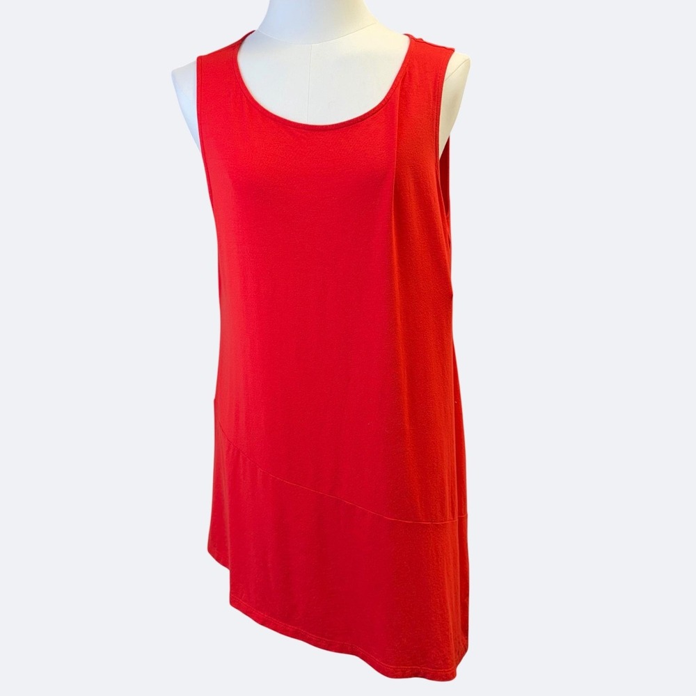 Eileen Fisher Tank Tunic Top Womens Large Red Scoop Neck Jersey Asymmetrical Hem